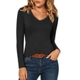 thumbnail image 2 of MYAOYINo Boundaries Womens Long Sleeve V Neck Top Solid Color Fitted T Shirt, 2 of 9
