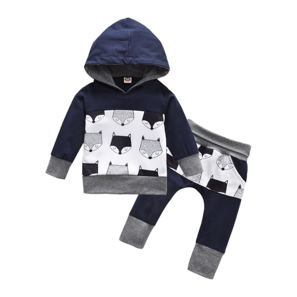 Vêtements en Coton Mignons pour Bébé Garçon Fox Imprimé Sweat à Capuche + Pantalon Long Ensemble