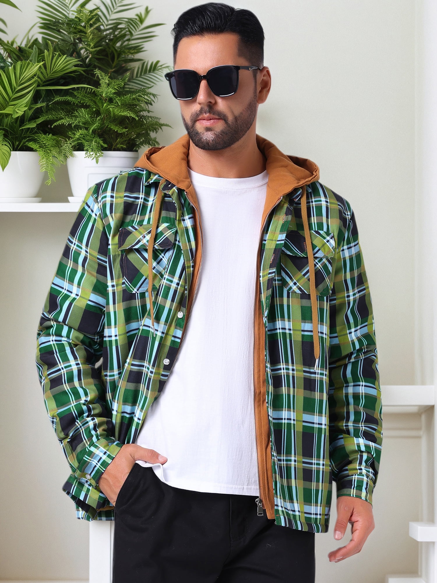 DARING DIVA Shirt Jacket Drawstring Hooded Plaid Shacket L Green Khaki