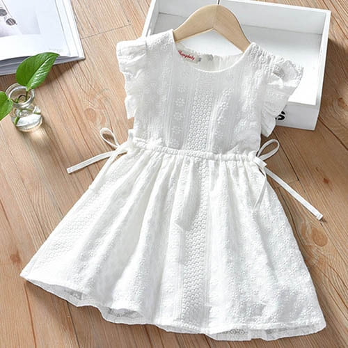 Robe d'Été pour Bébé Fille Robe de Princesse pour Bébé Fille Vêtements Décontractés Mode Robes de Fête pour Enfants Coton Manches Volantées Ajourées
