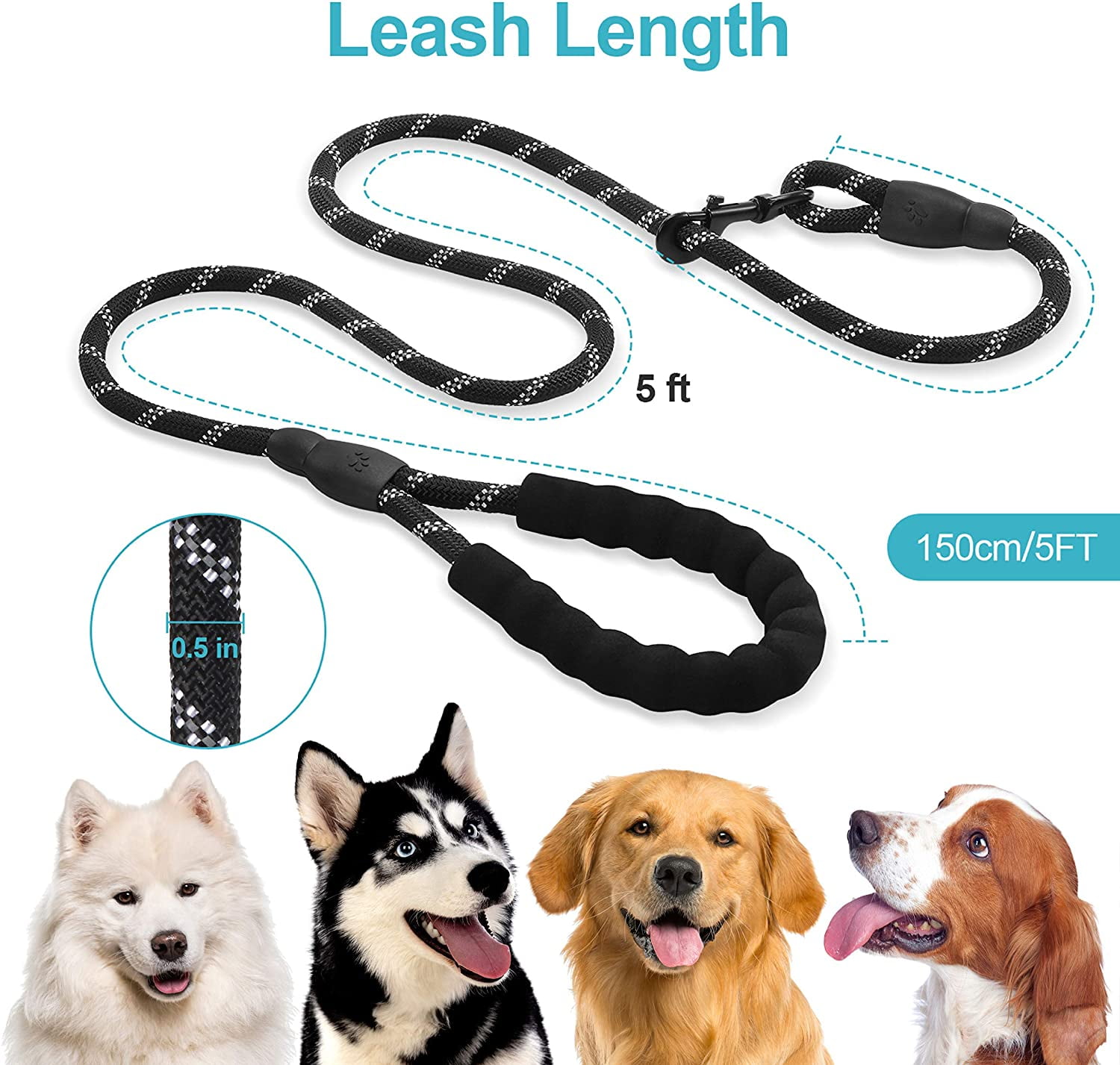Rirool 5ft Black Nylon Rope Dog Leash with Padded Handle photo 6
