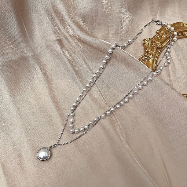 Collar y pulsera de estilo europeo y americano, collar de cadena simple de moda con cuentas de múltiples capas, collar con colgante de perlas