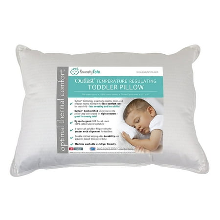 (Mid Loft) Toddler Pillow for Hot or Sweaty Sleepers by Sweaty Tots - 13 x 18, White, 300TC Cotton Sateen, Features Outlast(R) Temperature Regulating Technology to Reduce