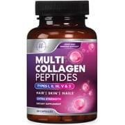 Multi Collagen Peptides - Hydrolyzed Collagen Types I, II, III, V, X - Best Hair, Skin, Nail & Joint Support for Women - Complete Collagen Peptide Supplement - Non-GMO, Bottled USA - 60 Capsules