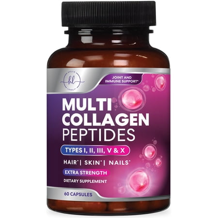 Multi Collagen Peptides - Hydrolyzed Collagen Types I, II, III, V, X - Best Hair, Skin, Nail & Joint Support for Women - Complete Collagen Peptide Supplement - Non-GMO, Bottled USA - 60 Capsules