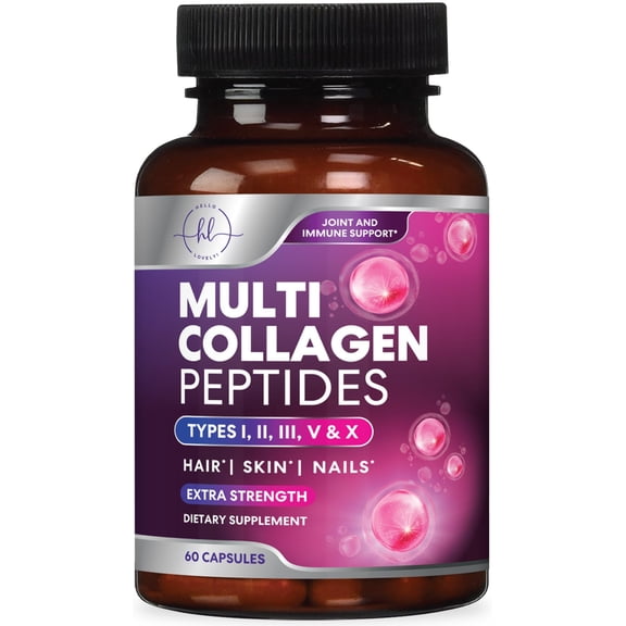 Multi Collagen Peptides - Hydrolyzed Collagen Types I, II, III, V, X - Best Hair, Skin, Nail & Joint Support for Women - Complete Collagen Peptide Supplement - Non-GMO, Bottled USA - 60 Capsules