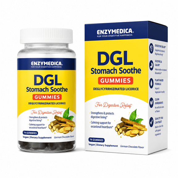 Enzymedica, DGL Stomach Soothe Gummies, Supports Digestive Health and Occasional Heartburn, German Chocolate, 74 Count