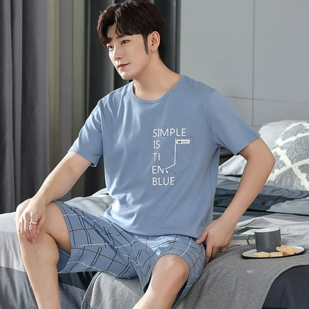 

QWZNDZGR Summer New Knitted Cotton Short Sleeve Men Pajamas Sets Male Pajama Set Letter Pajama For Men Sleepwear Suit Homewear Size XXXXL