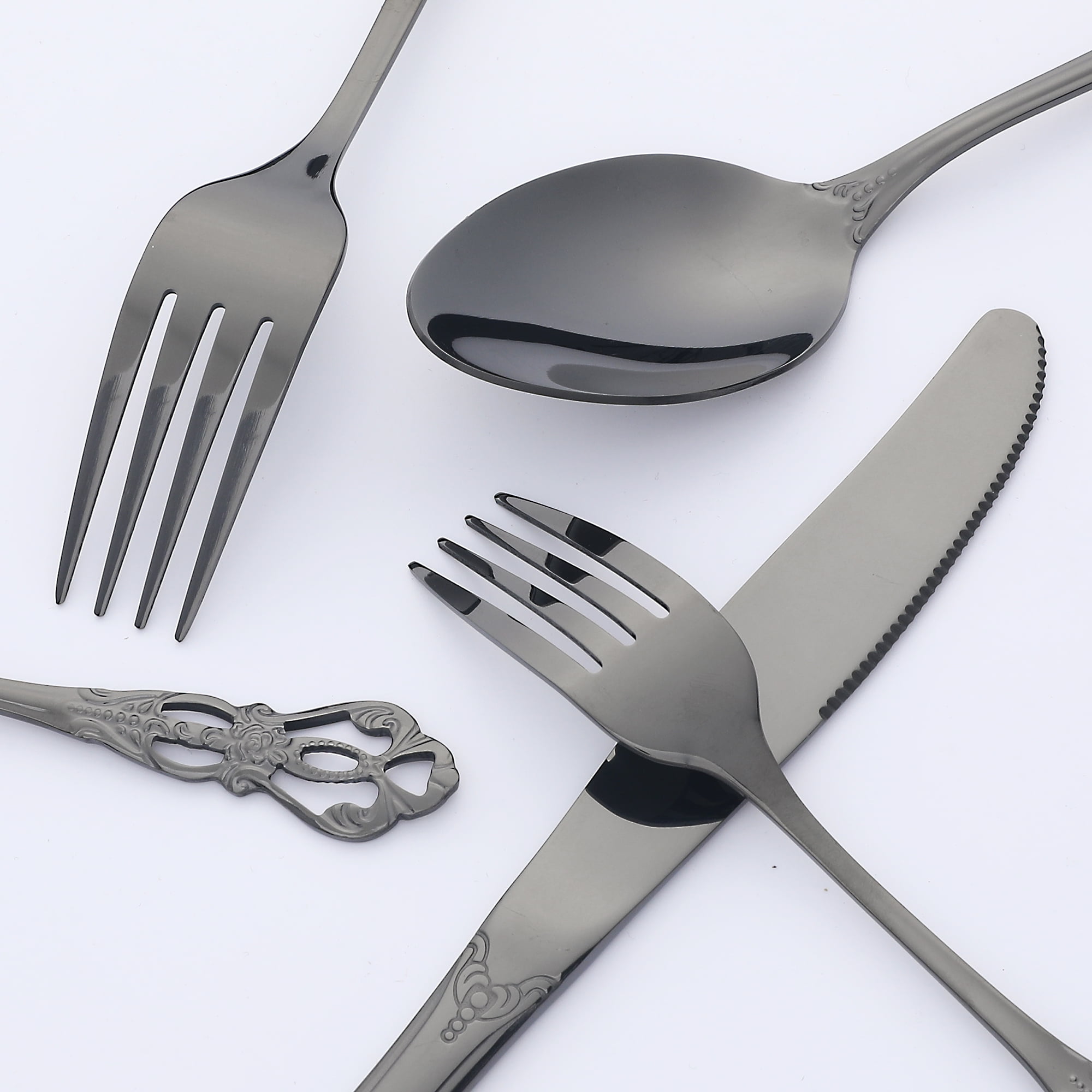 Unique Bargains 20 Piece Stainless Steel Floral Flatware Set for Kitchen Eating Tableware Black 20
