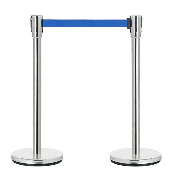 DuraSteel Crowd Control Stanchion Belt Barriers - Stainless Steel Stanchions with 6.5 Feet Blue Retractable Belts - Heavy Duty Safety Barrier Stands & Line Dividers - 2 Set/Pack