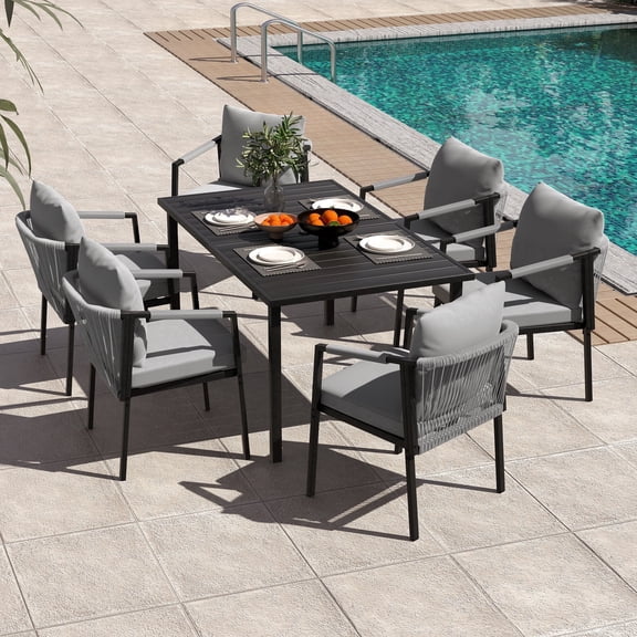 HAPPATIO Patio Dining Set,7-Piece Outdoor Dining Table and Chairs Set, Metal Woven Wicker Rope Chairs with Cushions, All-Weather PE Rattan Outdoor Dining Set for Lawn Garden