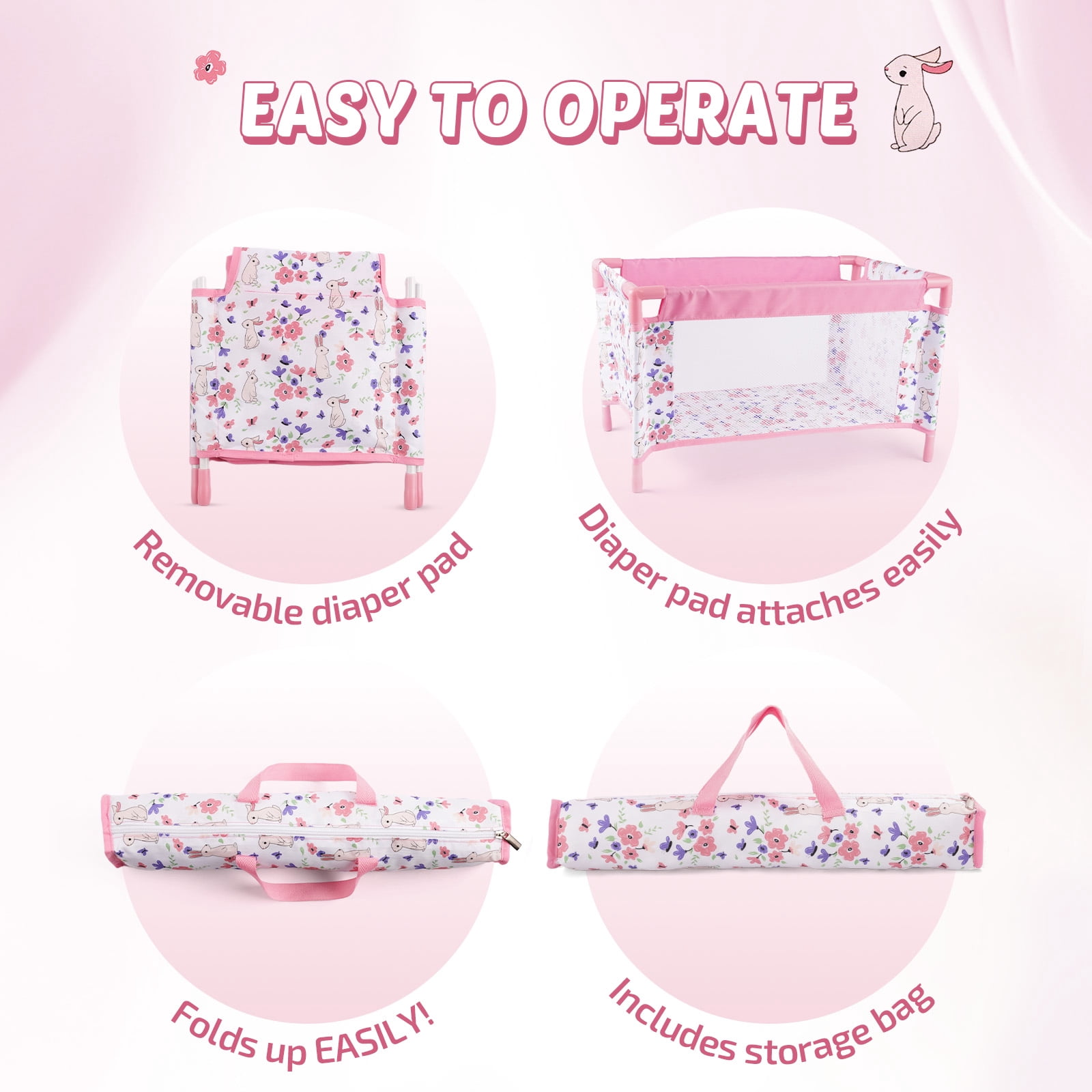 RSG Reborn Baby Doll Crib, Pink Floral Foldable Doll Bed for 17-20 Inch Reborn Dolls, Portable Doll Furniture with Storage Bag, Pretend Play Gift for Kids Ages 3+