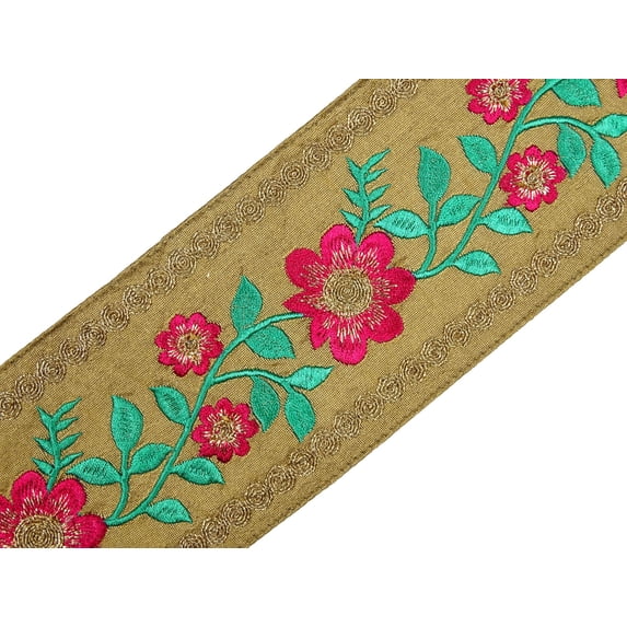 IBA Indianbeautifulart Beige Floral Ribbon Trim Dupion Fabric Laces For Crafts Sewing Accessories By 3 Yards-3 Inch