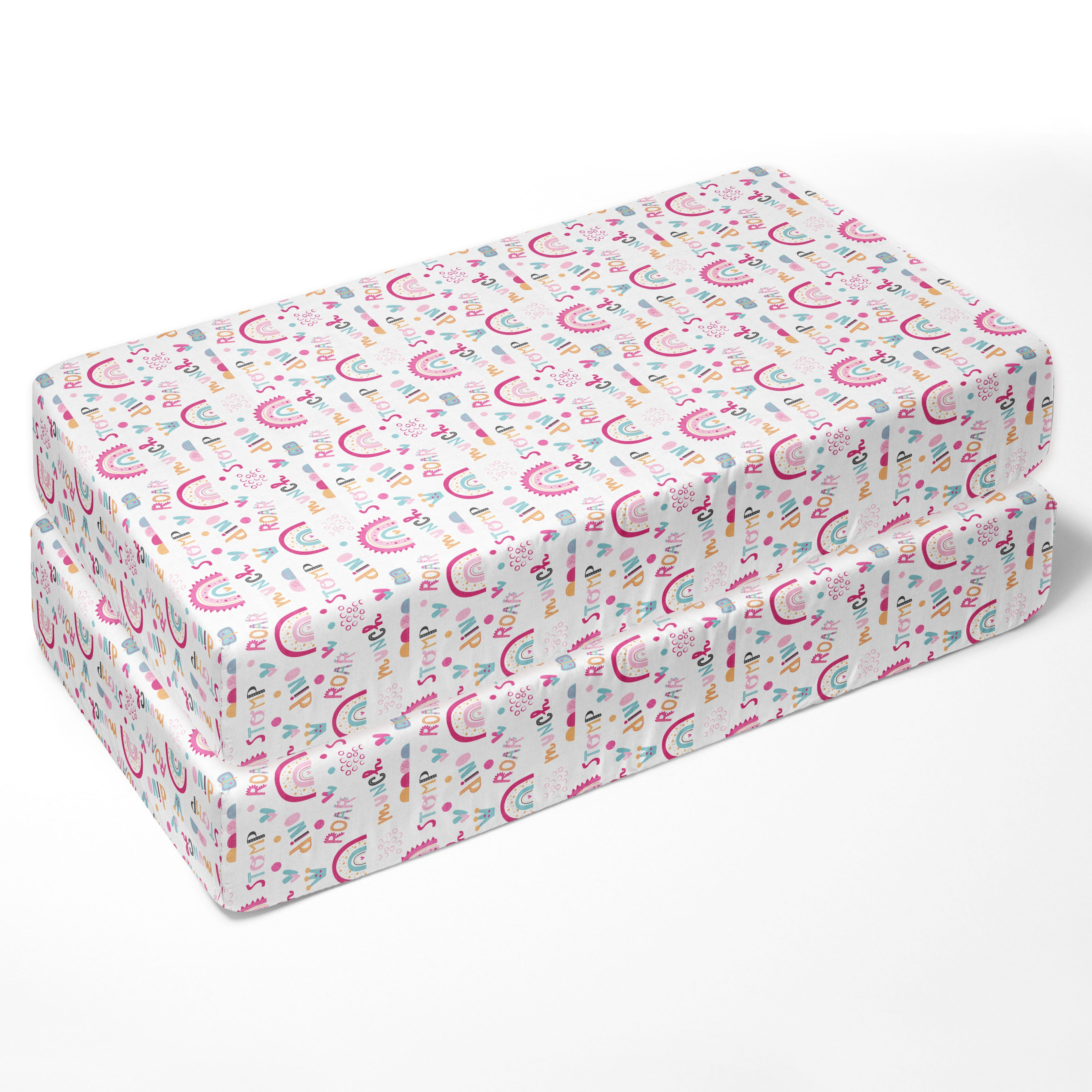Bacati - Girls Little Dino Rainbow Pink Fuchsia Orange Muslin Crib or Toddler Bed Fitted Sheet