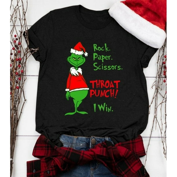 Women S Fashion Christmas Rock Paper Scissors Throat Punch I Win Grinch Shirt Funny Christmas Tee Walmart Com