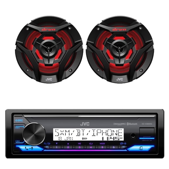 JVC KD-X38MBS Single DIN Marine MotorSports USB Bluetooth AM/FM Stereo Receiver with 2x JVC CS-DR620MBL 6.5" 260 Watt Peak Power 2-Way Multicolor LED Boat Audio Speakers (Black)