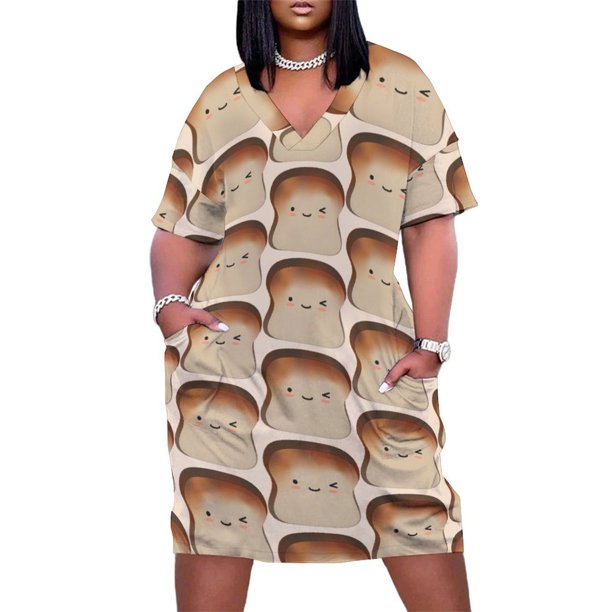 Vestido holgado con bolsillos, estilo kawaii, con estampado de pan de leche, estilo Shokupan, para verano, para uso diario, para mujer.