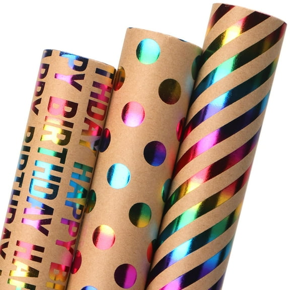 Ribbli Birthday Kraft Wrapping TSF6 Paper Iridescent Gift Wrapping Paper Mini Roll, 3 Rolls Happy Birthday Polka Dots Stripes Printed Assortment - 17 inch x 120 inch(10feet) Per Roll