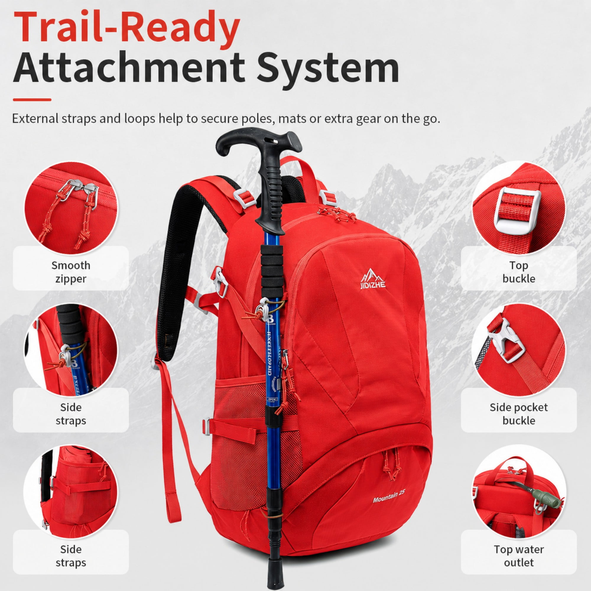 BSHTI 25L Polyester Nylon Hiking Backpack with Rain Cover, Breathable Back, Large Storage for Travel Camping（Red）