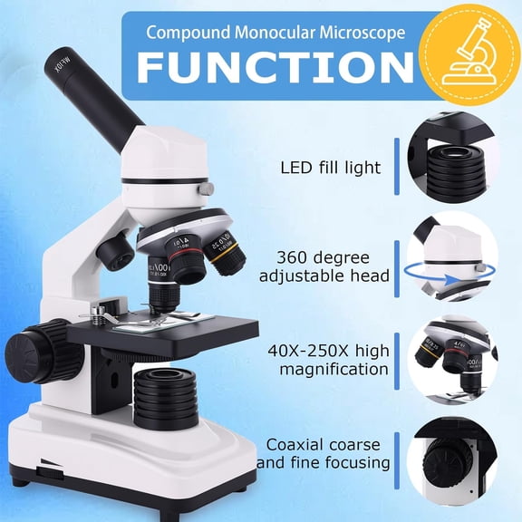 Microscope for Kids & Adults, 40X-2500X High-Power Compound Microscope for Students, School Lab & Home Schooling,Features Prepared Slides & Phone Holder