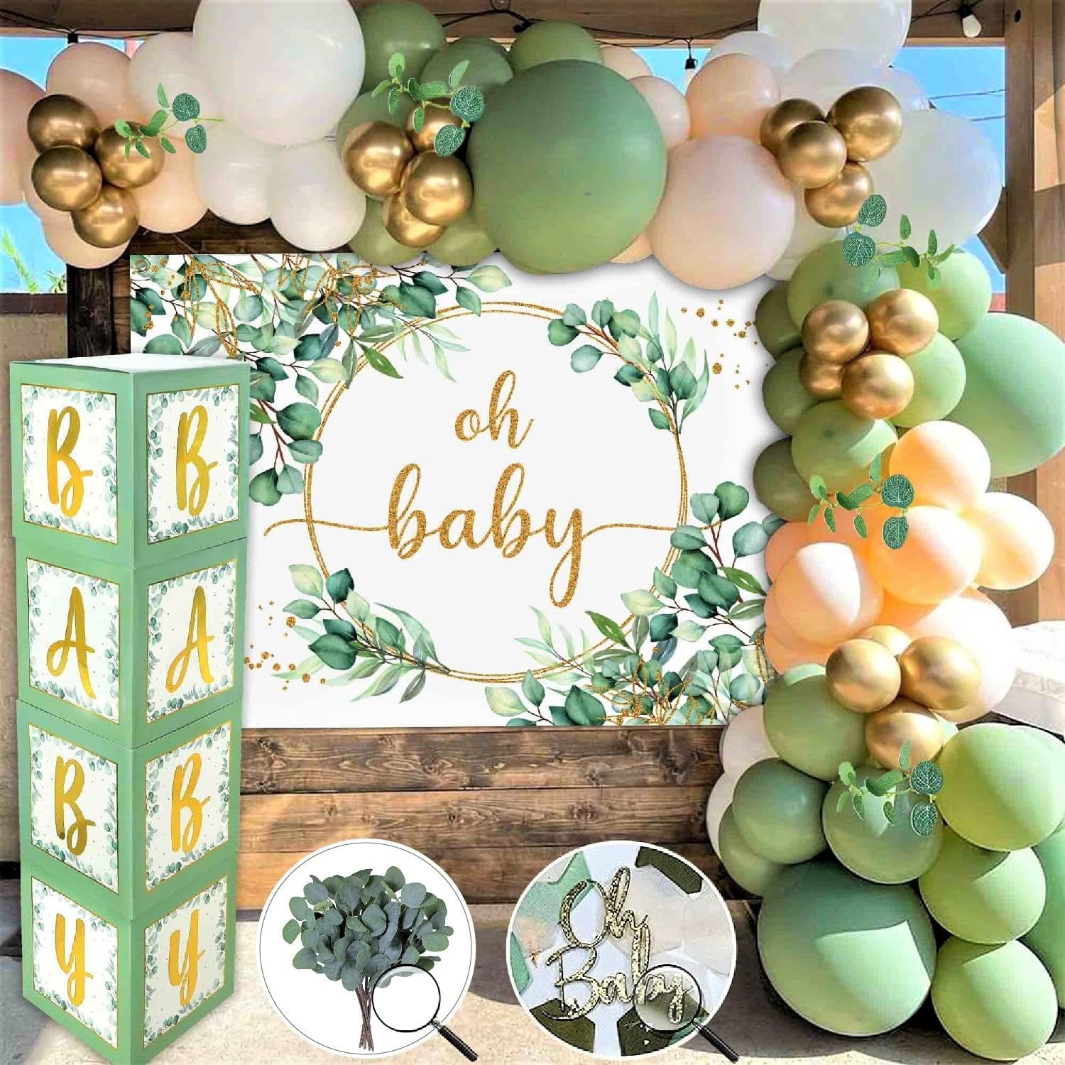 263PCS Sage Green Baby Shower Decorations Set, Gender Neutral Balloon Garland with BABY Boxes