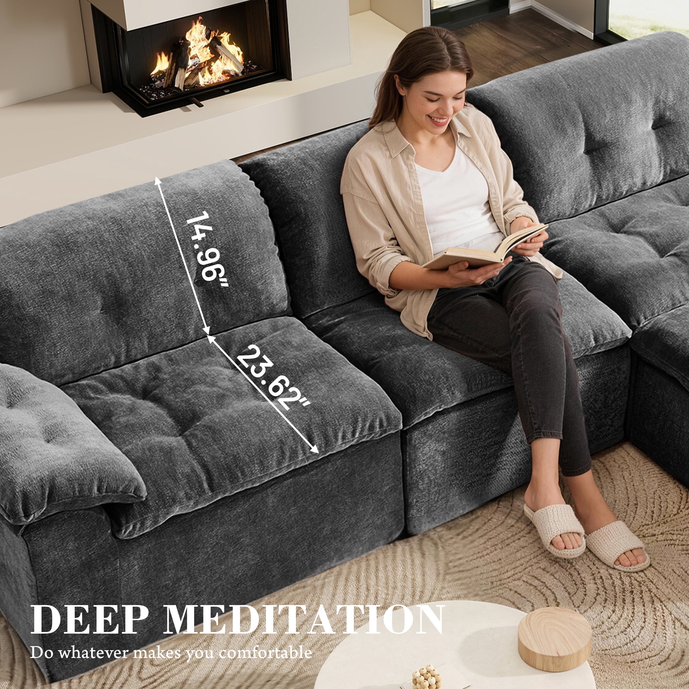 Aukfa 4-Piece L-Shaped Modular Sectional Sofa with Ottoman for Living Room, Ice Flower Chenille, Gray