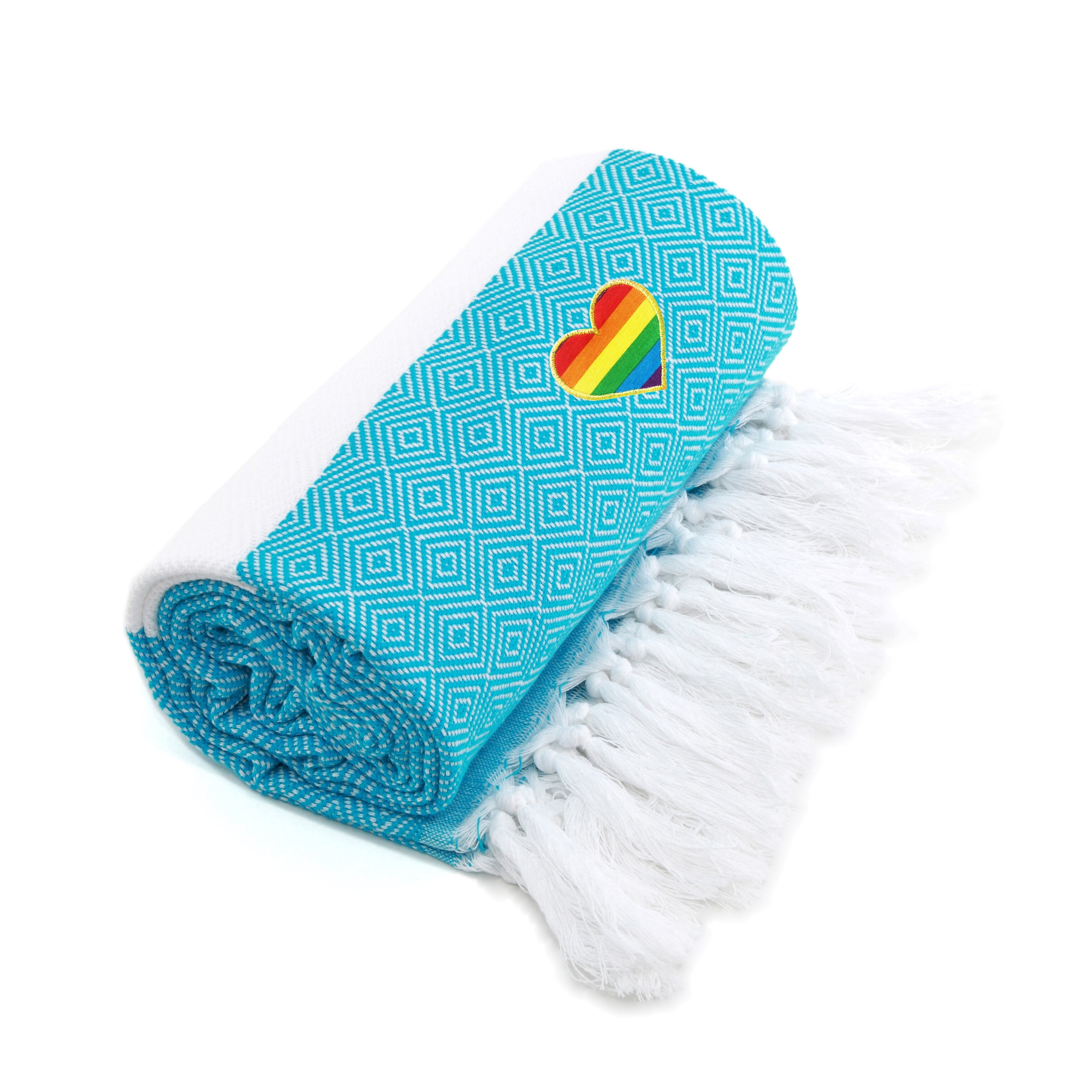 Authentic Hotel and Spa  100% Turkish Cotton Diamond Cheerful Rainbow Heart Pestemal Beach Towel Turquoise
