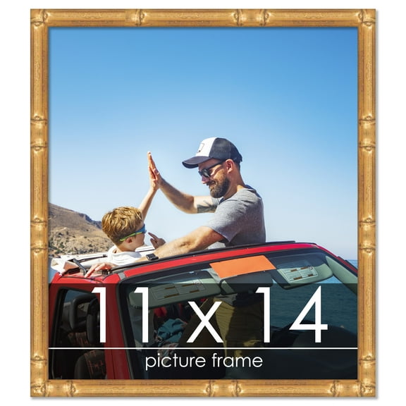 11x14 Gold Thin Bamboo Picture Frame - UV Acrylic, Foam Board Backing, Hanging Hardware