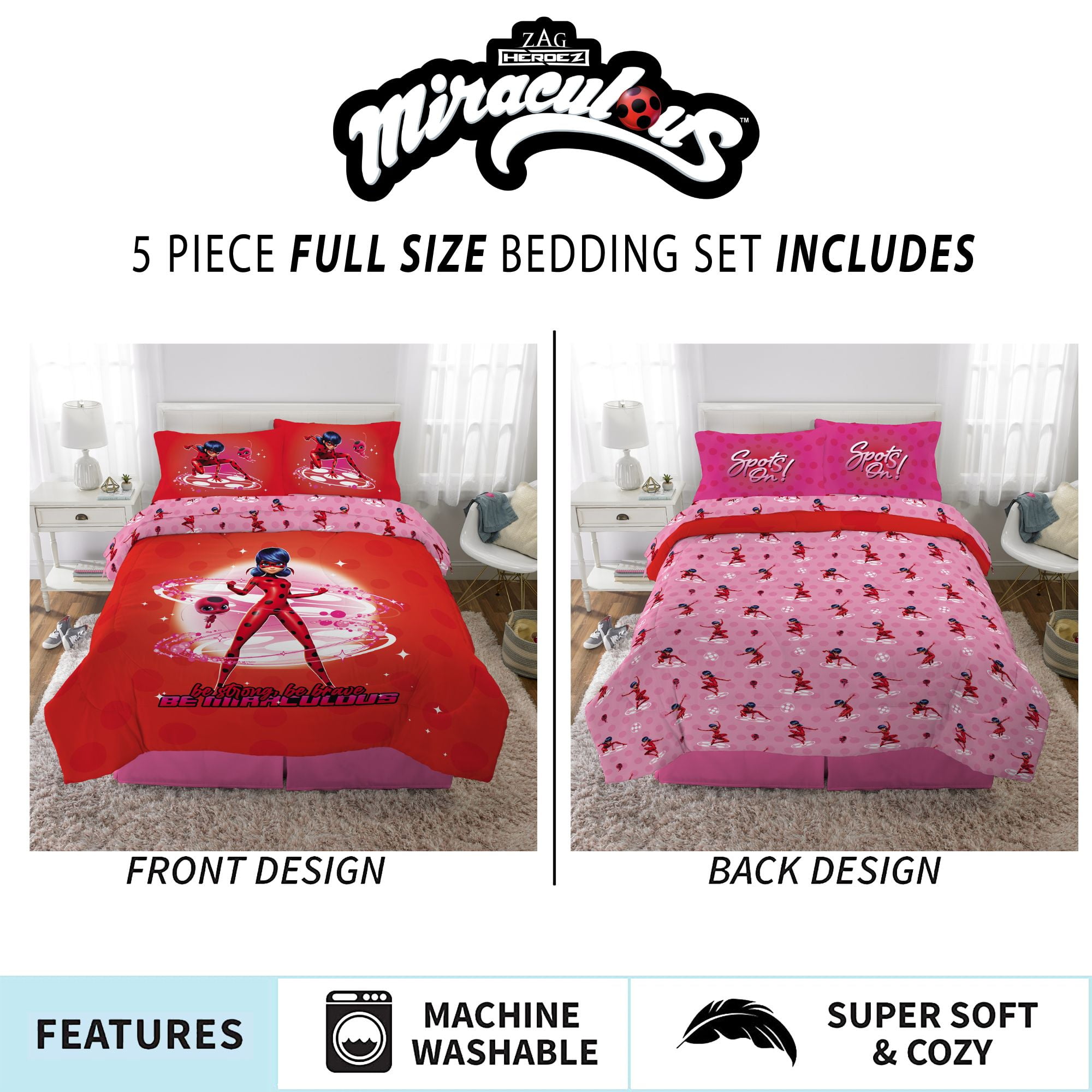 Miraculous Ladybug Kids 5 Piece Red Pink Reversible Comforter, Bed in a Bag, Full