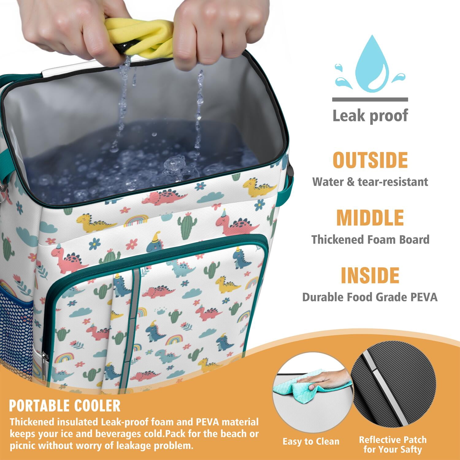 Travel Cooler Bag - White Dinosaurs Rainbows Cacti Pattern Camping Beer Cooler Backpack with Bottle Opener- Waterproof Insulated Picnic Backpacks - Cooler Bag for Beach