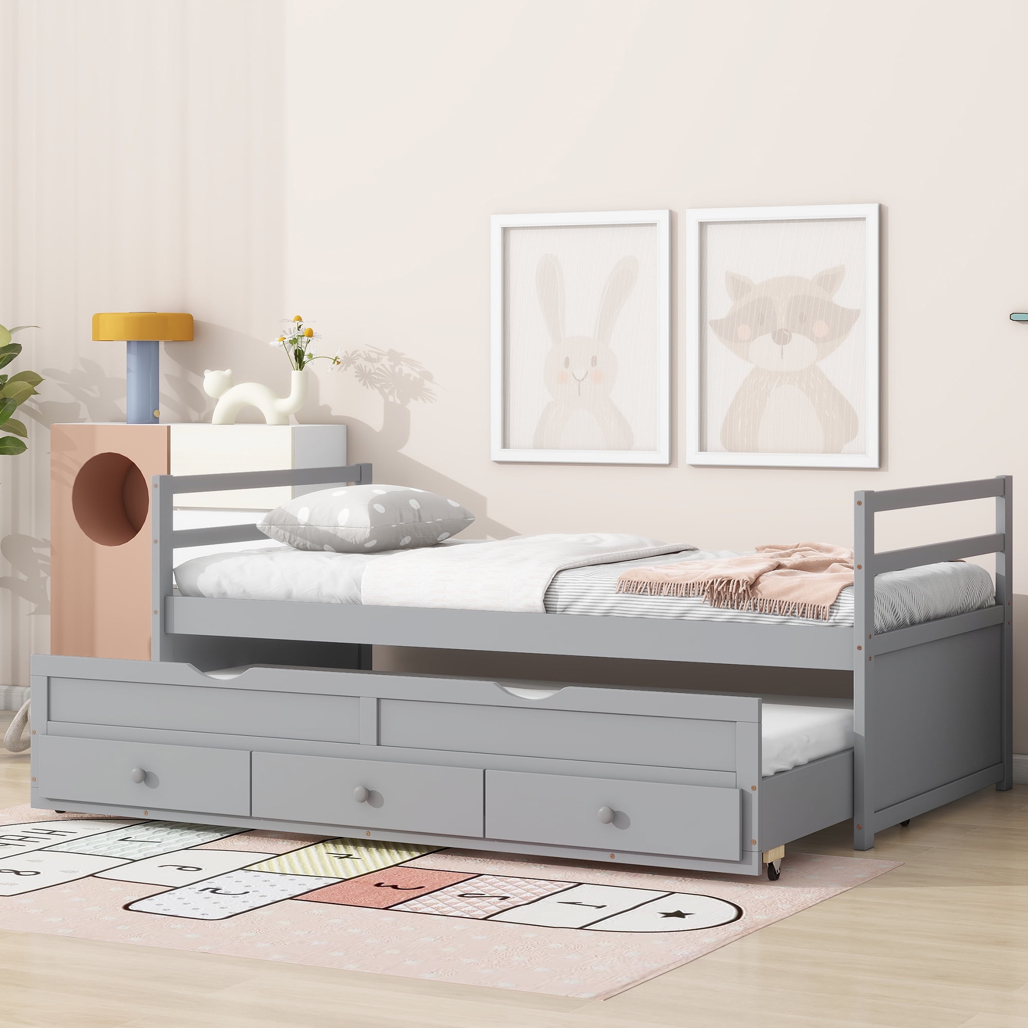 Sailvan Twin Size Bed with Headboard, Footboard, Trundle and 3 Storage Drawers, Pine Wood Bed