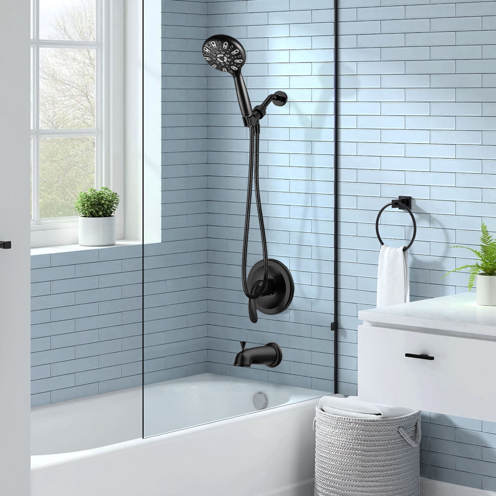 ROSYNEY Shower and Tub Faucet Set - with Tub Spout (Valve Included), Black Shower Head and Handle Set with Handheld,Matte Black