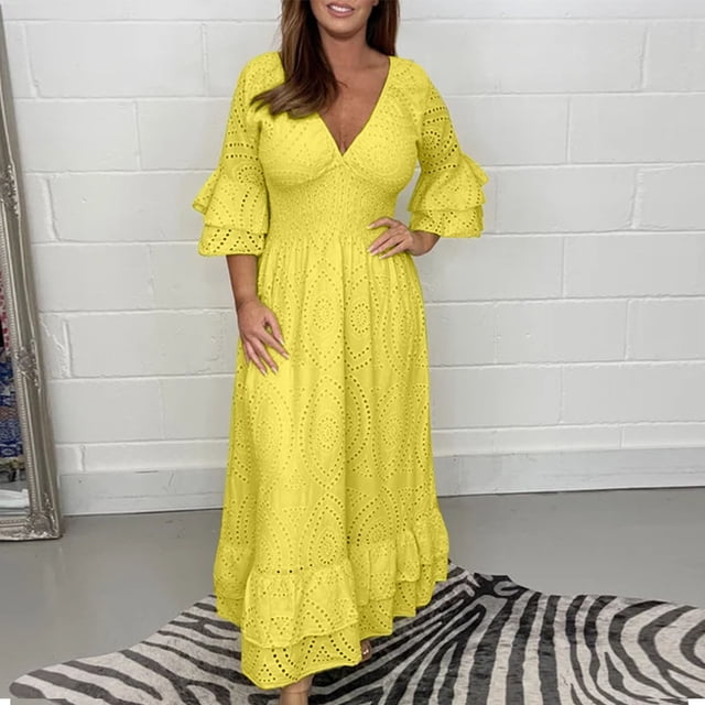 Robe à Manches Courtes pour Femmes Été Nouvelle Allure Élégante Col en V Manches Mi-Longues Couleur Robe de Vacances en Liquidation