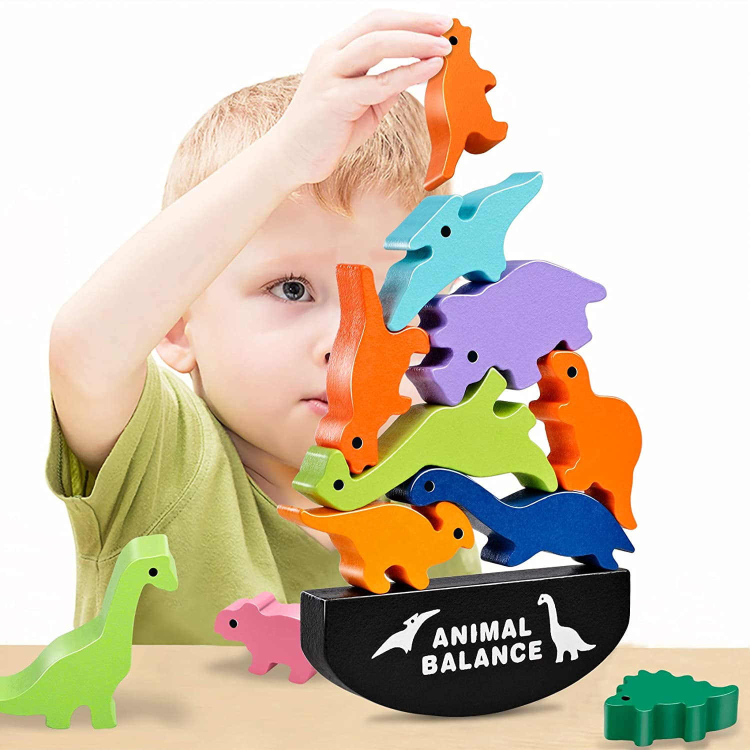 ANTIC DUCK Dinosaur Toys for Kids,Wooden Balance Stacking Dinosaur Toys for Kids Age 3-5, Montessori Learning Toys Gift for Kids