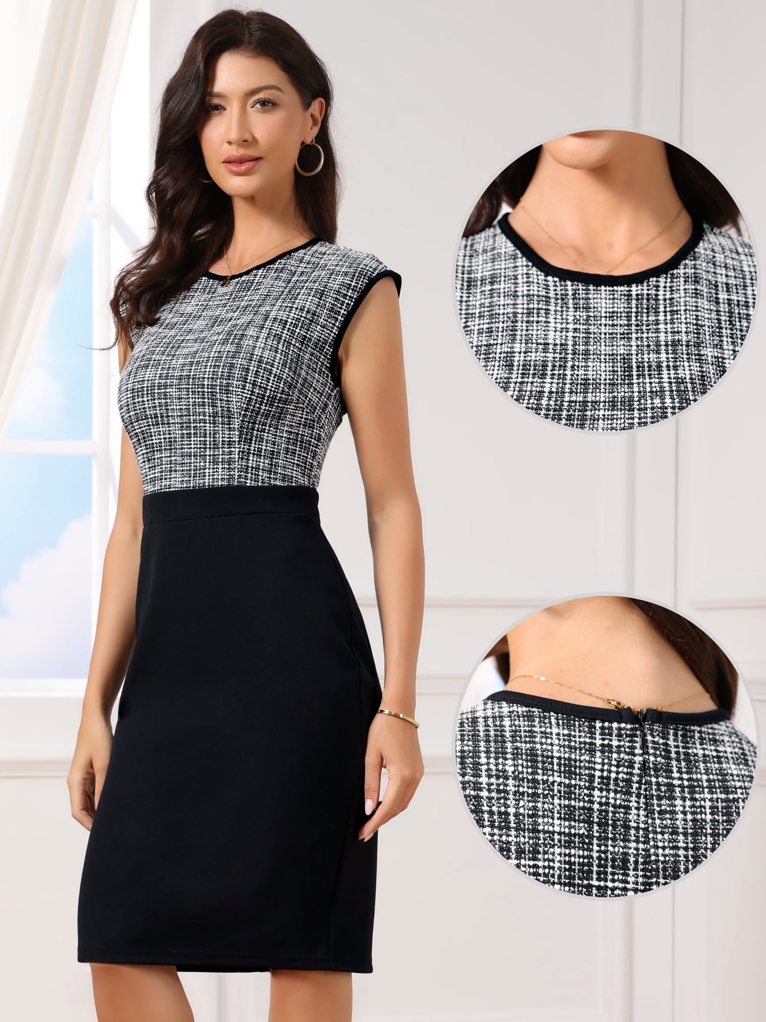 DARING DIVA Women's Tweed Patchwork Crew Neck Office Bodycon Midi Dresses M Black