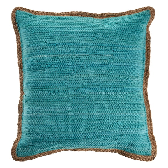 Laddha Home Designs 20" Turquoise Blue and Tan Handmade Bordered Square Throw Pillow