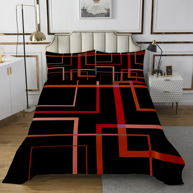 YST Geometric Square Bedspread Twin Size Black and Red Orange Quilt Set, Modern Abstract Coverlet Set Contemporary Rectangle Bedding Set, Mid Century Lines Bed Cover for Boys Girls