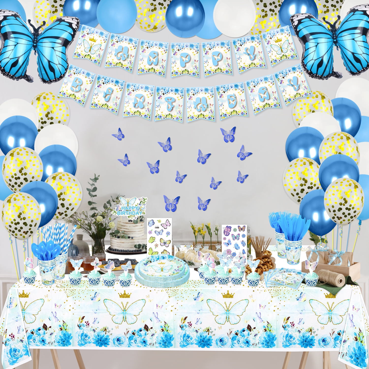 249PCS Butterfly Party Decorations - Blue Butterfly Balloons, Banner, Cake  Topper, Fairy Wing, Tattoo, Stickers, Plates, Napkins, Cups and Tablecloth