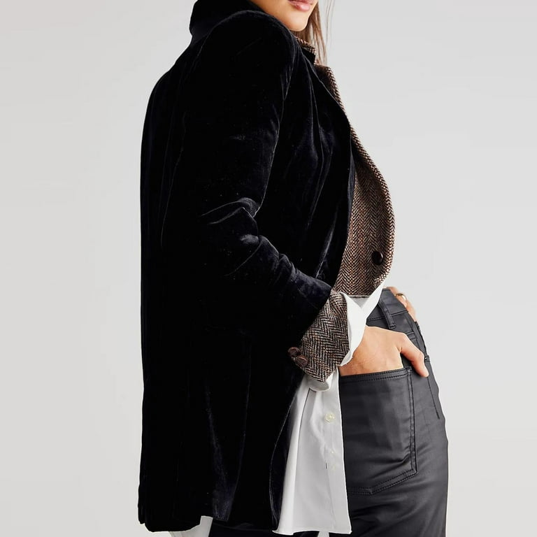 Olyvenn Trendy Plus Size Velvet Jacket Suit Coat for Women Lightweight Lapel Collar Womens Suit Button Open Front Casual Long Sleeve Blazer Jackets