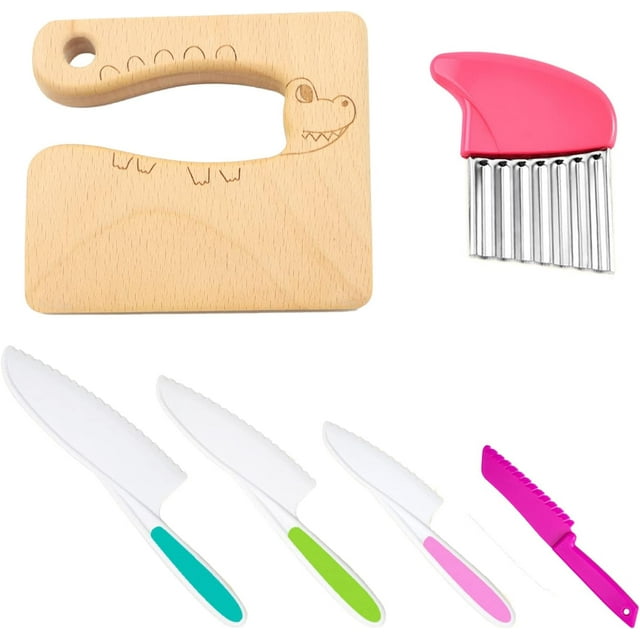 FITULABO 6 PCS Wooden Kids Kitchen Knife for Real Cooking, Plastic Potato Slicers Cooking Knives Serrated Edges Toddler Knifes for Kitchen (Cartoon Crocodile)