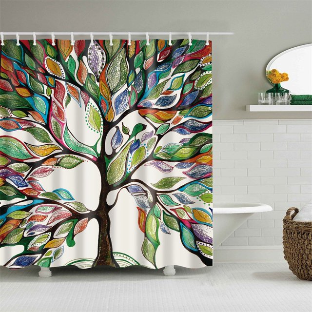 Shower Curtain Tree Colorful Leaf Hand Draw Green Orange Blue Red Idea Tree Bathroom Decor Accessories Bath Curtain With Hooks
