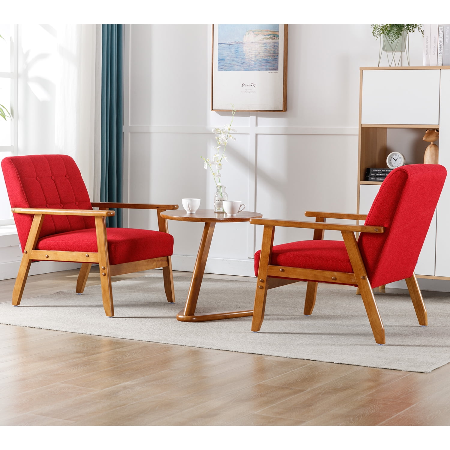 Ufurpie Set of 2 Accent Chairs with Side Table,Mid Century Modern Linen Fabic Chair,Upholstery Armchair for Living Room,Bedroom,Office,Red