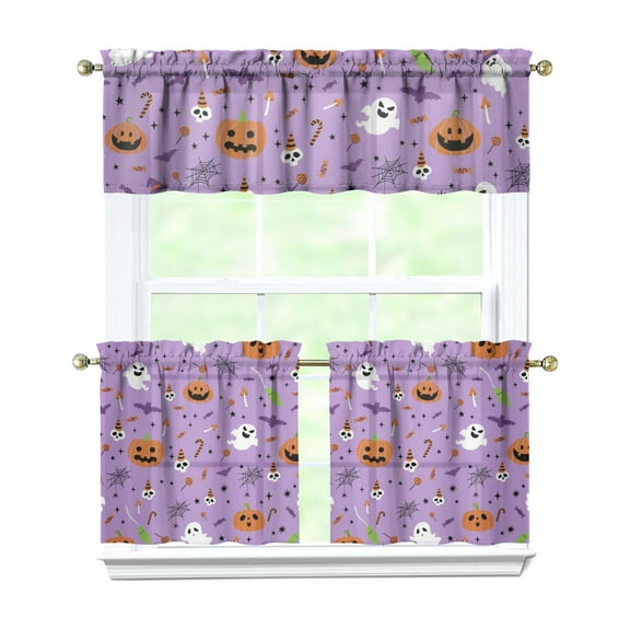 Halloween Tier Curtains 3PC Set - Vintage Spooky Cute Ghost Pumpkin Skull Print Kitchen Window Treatment Panels