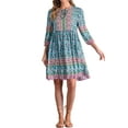 thumbnail image 2 of INSPIRE CHIC Women's Boho Floral Tie Neck 3/4 Puff Sleeve Babydoll Swing Mini Dress XS Blue, 2 of 5