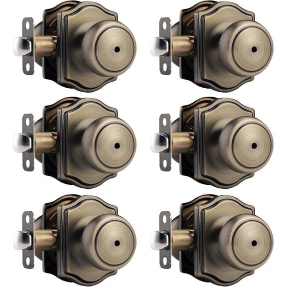 6 Pack Antique Brass Door Knobs, Coastal Knob with Camelot Trim | Stainless Steel Rosette, Turn Lock for Bath & Bedroom