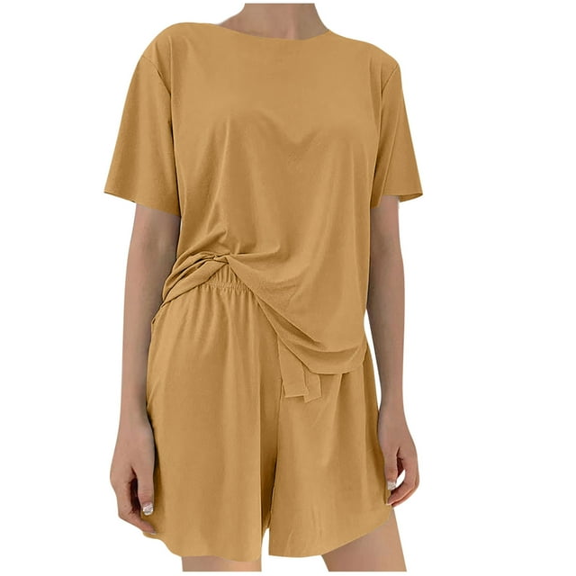 MeetoTime Pajamas for Women Set Summer Round Neck Short Sleeved Tops and Drawstring Elastic Waist Pants Two-piece Set