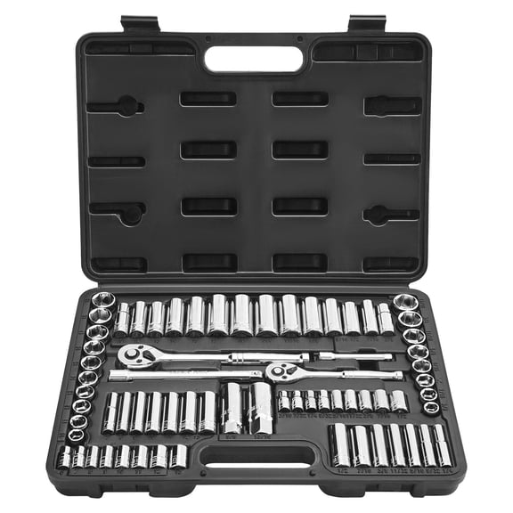 69 Piece Socket Wrench Set 3/8 and 1/4 Inch Drive SAE Metric Deep Standard Sockets Ratchet Wrenches CR V Alloy Steel Tool Set with Storage Box for Automotive Repair