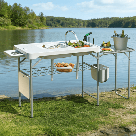 OROFULL 42.5" Fish Cleaning Table, Portable Camping Sink Table with Dual Sinks, Foldable Faucet & Extension Stand for Outdoor Fishing, BBQ, White