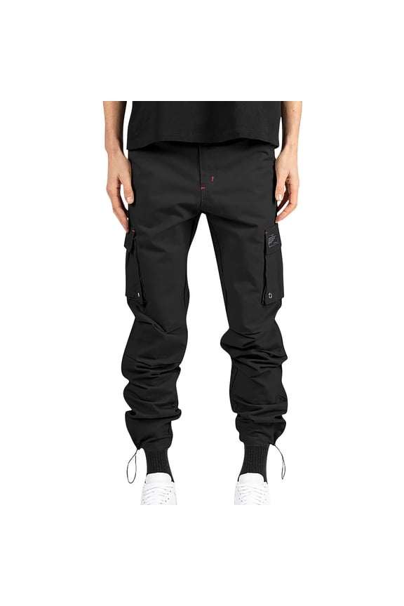 Men's Solid Color Casual Work Pants Multi-Pocket Cuffed Trousers with Drawstring Waist - Streetwear Utility Design for Daily Wear and Outdoor Activities Comfort Experience,Black L