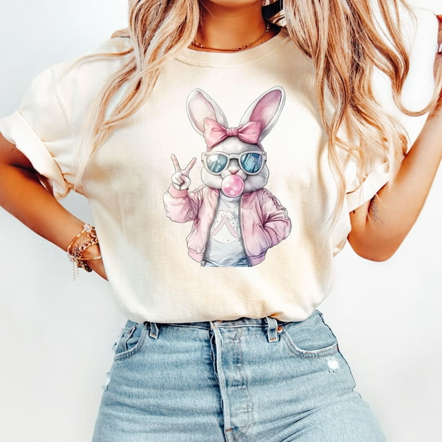 Comfort Colors® Retro Bunny Bubble Gum T-Shirt, Happy Easter Shirt, Cute Rabbit Shirt, Eas - As Picture - XL